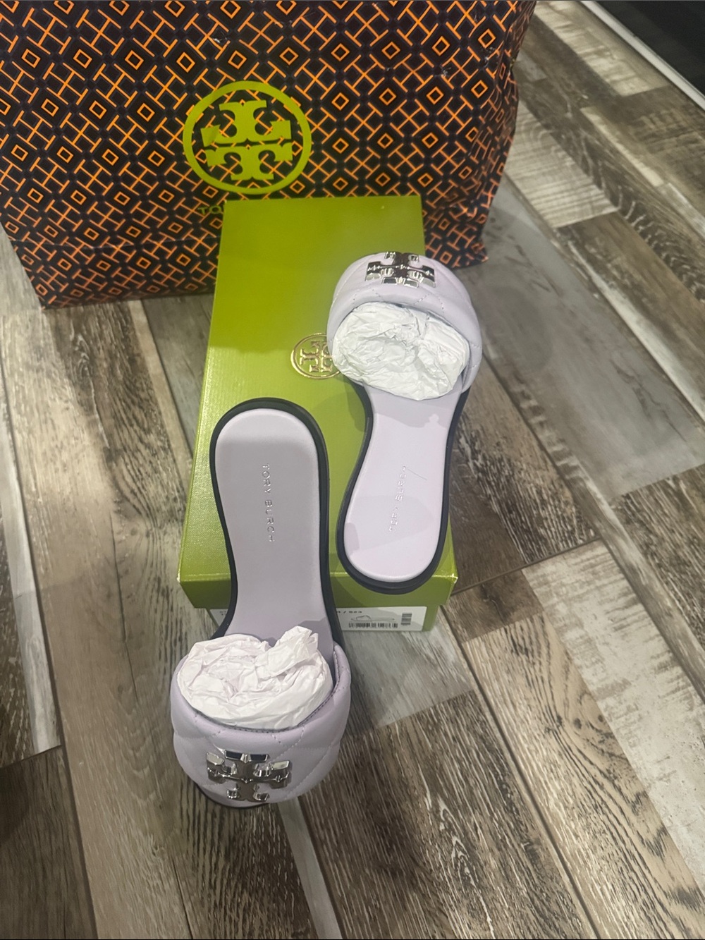 Tory Burch Quilted Lilac Slide Mules with Silver Logo - Picture 2 of 5